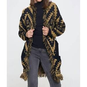 NEW RENEEC. tribal print cardigan with fringe detail and tie in taupe/black